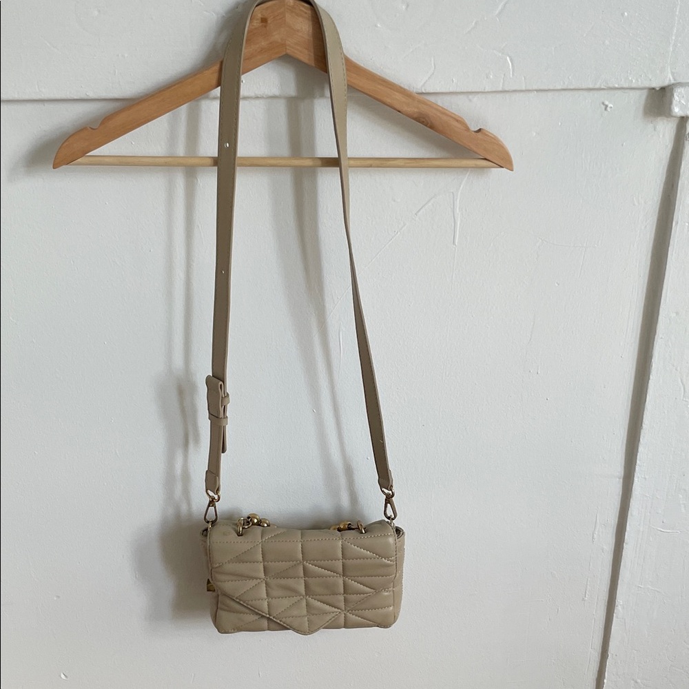 Zara Tan Quilted Crossbody Bag with Gold Accents